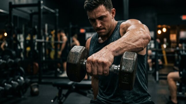 Man lifting dumbbell during intense weight training workout in gym
