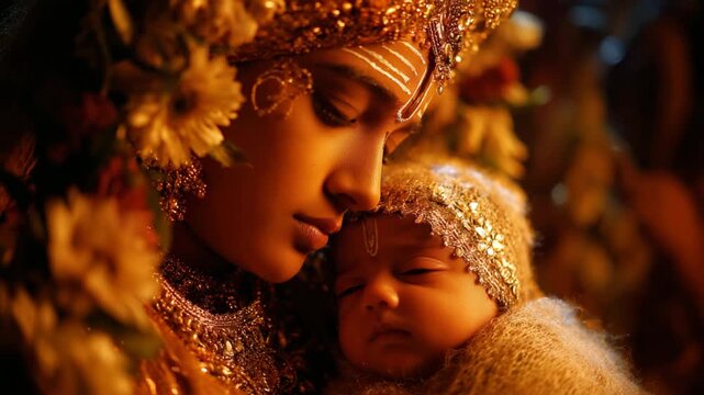 Symbolic Krishna birth scene with mother and sleeping baby in warm devotional Janmashtami video footage