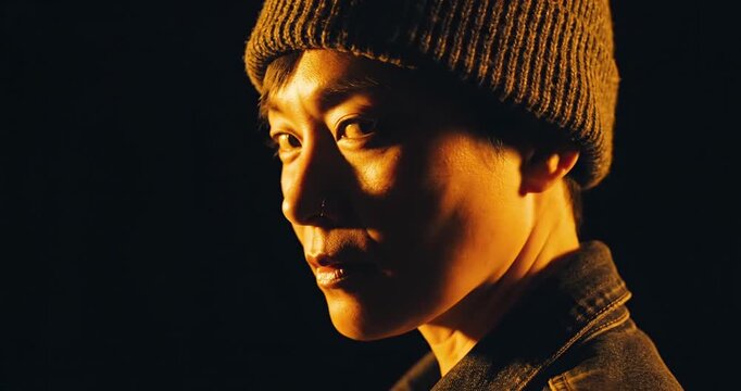 Profile of a person wearing a beanie, illuminated by warm light, with a dark background