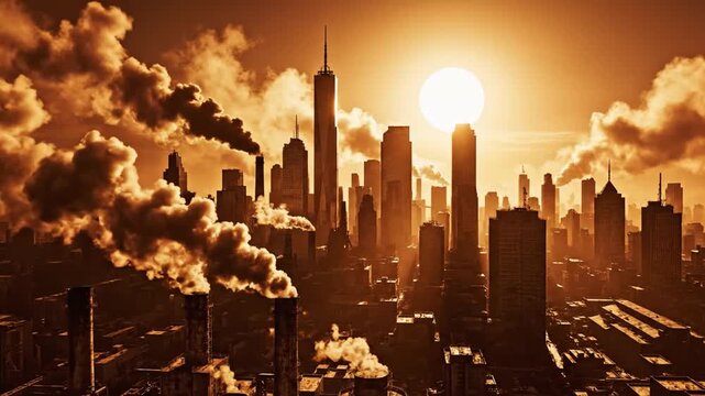 Heavy smoke from industrial factories pollutes city skyline at dramatic sunset