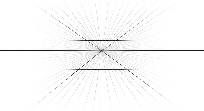 A black and white abstract geometric pattern with a central square and lines radiating outwards.