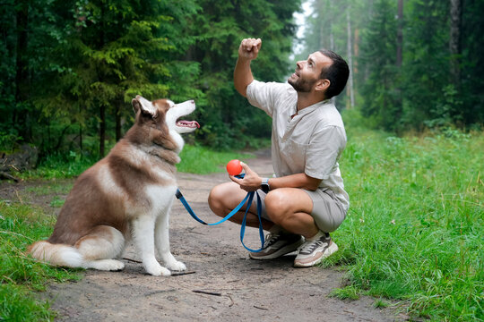 A man kneels on a dirt path in a vibrant forest, happily playing fetch with his excited dog, showcasing their bond amid the greenery and tranquility of nature