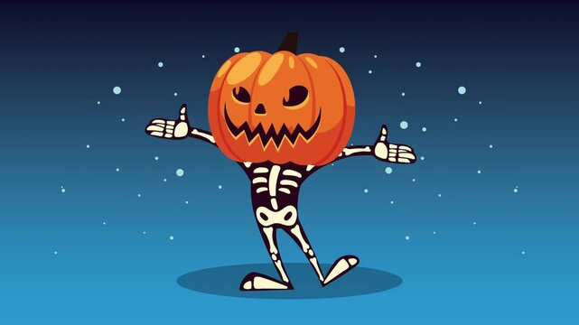 Happy halloween animation with skeleton wearing pumpkin head dancing on blue night background with sparkles.