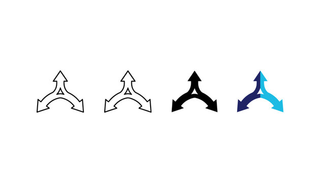 Horizontal row of four three-way split arrow in different styles