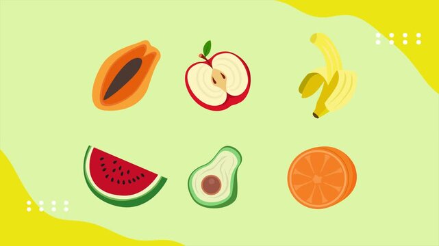 Sliced fruits showing fresh tropical variety. Tropical Fruit concept. Full length Icon animation illustration. High quality&nbsp;4k&nbsp;footage
