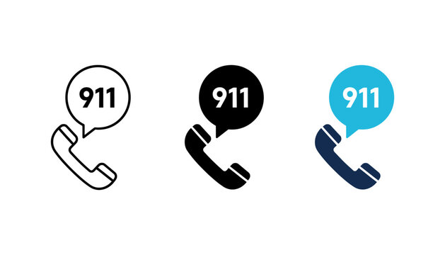 Three 911 emergency call with telephone handsets and speech bubbles