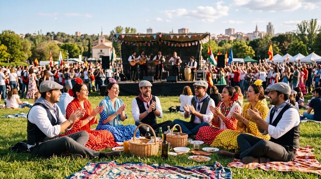 Friends enjoying San Isidro festival picnic with live folk music in Madrid