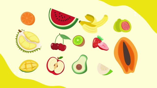 Seamless pattern with various tropical fruits. Tropical Fruit concept. Full length Icon animation illustration. High quality&nbsp;4k&nbsp;footage