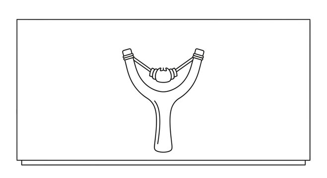 Vintage Slingshot with Rubber Bands and Projectile, Retro Toy, Outline Drawing