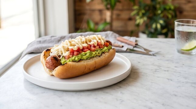 Chilean Completo, grilled sausage in soft bun generously topped with mashed avocado, diced tomatoes, sauerkraut, and creamy mayonnaise