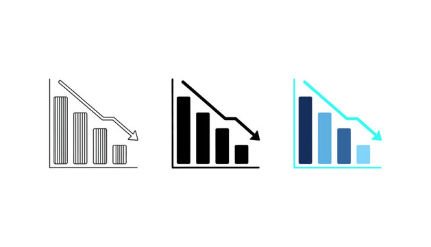 Three styles of declining bar chart with downward trend arrows