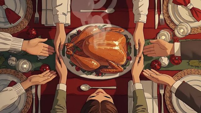 Family Hands Gathering Around Roasted Turkey Serving at Festive Dinner Table