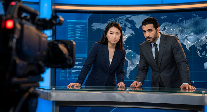 Dos presentadores de noticias profesionales en un estudio de televisi&oacute;n moderno con mapa mundial