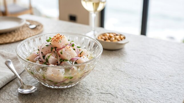 Chilean Ceviche, fresh white fish cubes (corvina or reineta) marinated in lime juice, with thinly sliced red onion, fresh cilantro