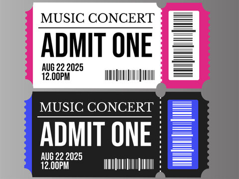 Music concert ticket vector set, admit one event pass with barcode, pink and black entertainment vouchers for festivals and shows