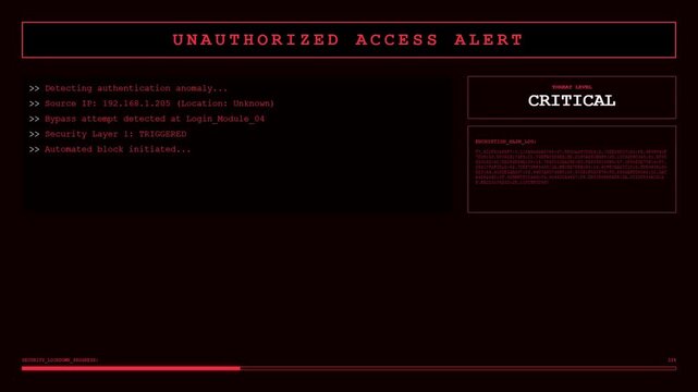 Futuristic Unauthorized Access Alert HUD with Red Digital Warning Interface and Cyber Hacking Authentication Anomaly Critical Monitoring Analytics Screen.