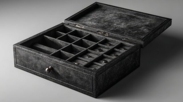 Elegant large minimalist storage box with compartments and drawers, crafted from premium timber and black suede, stylish luxury organization, sophisticated versatile design