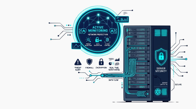 Digital Fortress: The image reveals a network server, fortified by advanced cybersecurity measures to defend against threats and protect valuable data.