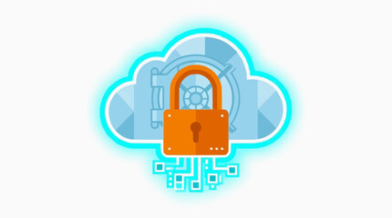 Fototapeta premium Secure Cloud Data: A symbolic illustration showcasing cloud-based data security, with a glowing padlock overlayed on a cloud and vault.