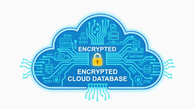 Secured Digital Fortress: An artistic representation of a secure cloud database, featuring a digital cloud icon.