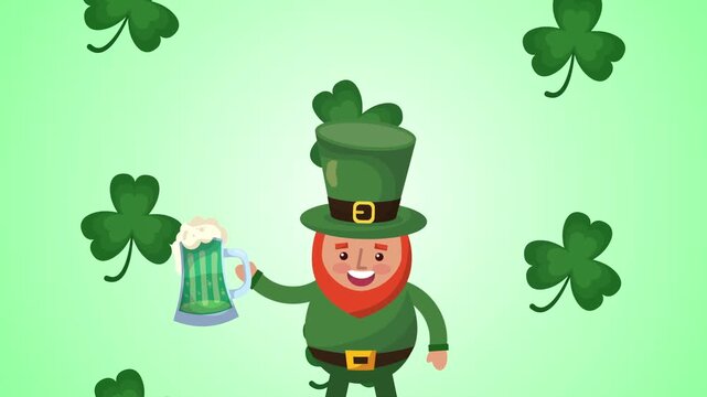 Happy saint patricks day celebration with cheerful leprechaun holding beer mug and falling shamrocks dynamic motion graphic.