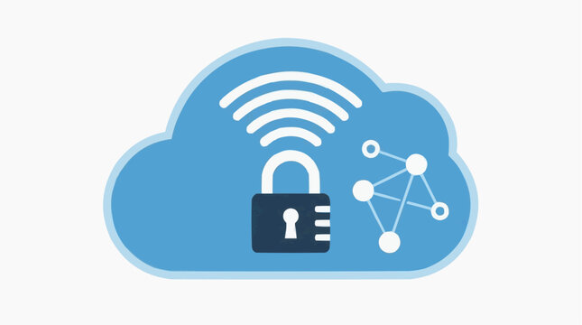 Cloud Security Illustration: An illustration showcasing a secure cloud environment, symbolized by a padlock safeguarding a network, signifies robust data protection and digital safety.