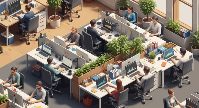 Productive modern open-plan office bustling with diverse professionals working at individual desks, illustrating an efficient and collaborative corporate environment