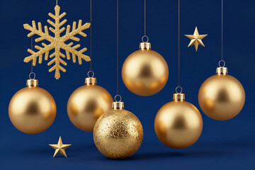 Obraz premium A collection of gold Christmas ornaments displayed against a deep blue background, featuring a decorative snowflake and stars. Perfect for festive, elegant holiday themes.