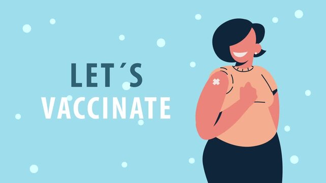 Animated woman with vaccination band-aid on arm promotes vaccination message.
