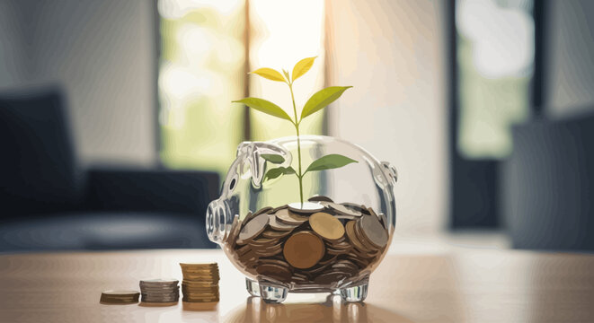 Financial growth concept a young plant sprouts from a clear piggy bank filled with coins and banknotes, symbolizing investment and savings