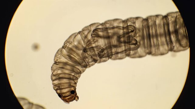 Microscopic view of insect larva under magnification showing internal structures.