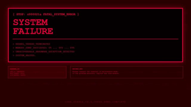 Futuristic System Failure HUD with Red Digital Fatal Error Interface and Unrecoverable Hardware Exception Kernel Panic Monitoring Analytics Screen.