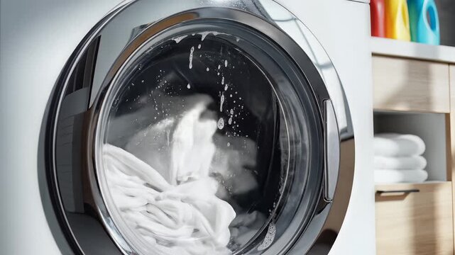 Closeup of a modern frontloading washing machine drum with white clothes tumbling during a wash cycle.