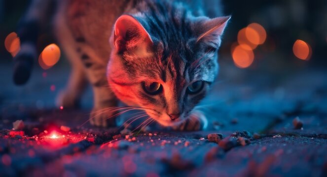 A cat intently chases a laser dot, its eyes lively