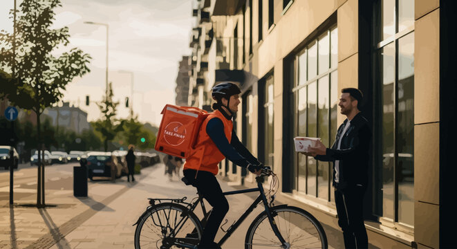 Efficient urban delivery service A professional cyclist courier hands over a package to a satisfied customer outside a modern city building, showcasing convenient e-commerce logistics