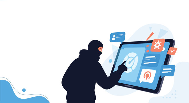 Dark silhouette of a cyber criminal or hacker accesses sensitive digital data on a large glowing touch screen tablet.