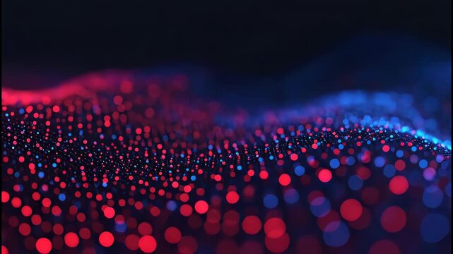 A mesmerizing abstract visualization depicts a dynamic wave-like structure composed of interconnected glowing dots in vibrant red and blue hues against a dark background.