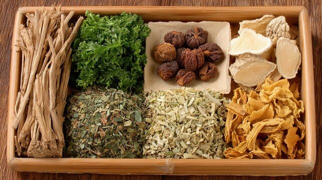 Traditional Chinese Herbal Medicine Ingredients Flat Lay with Goji Roots Hawthorn and Natural Remedies