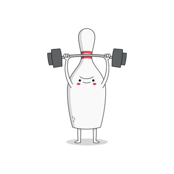 Cute bowling pin cartoon character lifting weight barbell doodle