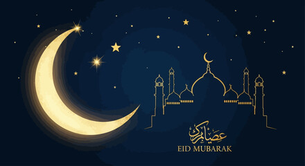 Festive golden crescent moon and illuminated mosque silhouette against a starry night sky, symbolizing peace and blessings for Islamic celebrations and greetings © john