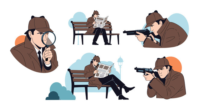 Classic detective character wearing trench coat and hat using magnifying glass and reading newspaper in various poses.