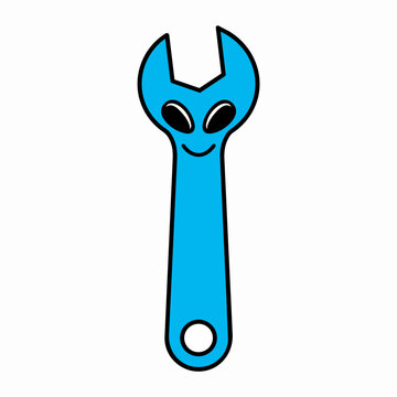Cute cartoon blue alien wrench with happy face and googly eyes on white background, funny tool character.