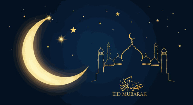 Festive golden crescent moon and illuminated mosque silhouette against a starry night sky, symbolizing peace and blessings for Islamic celebrations and greetings