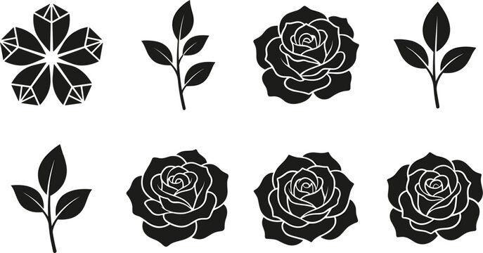 Set of Black Rose Flower Heads and Leaf Sprigs Silhouette Icons for DIY Floral Arrangements Romantic Branding Wedding Invitations Garden Botanical Decorations and Nature Graphic Design Elements