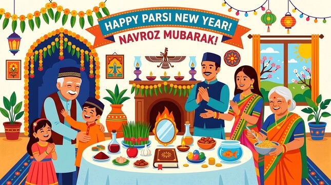 Happy Parsi New Year Navroz Mubarak Family Celebration.