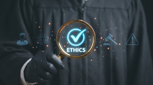 A gloved hand holds a magnifying glass over the word ETHICS with a glowing checkmark surrounded by digital icons representing law caution and corporate structure ethics and morality
