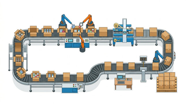 Automated Factory Production Line with Robotic Arms and Conveyor Belts.