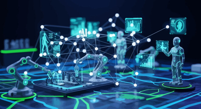 Artificial Intelligence and Robotics The Future of Automation and Industry, Featuring AI-Powered Robotic Arms and Futuristic Digital Interfaces