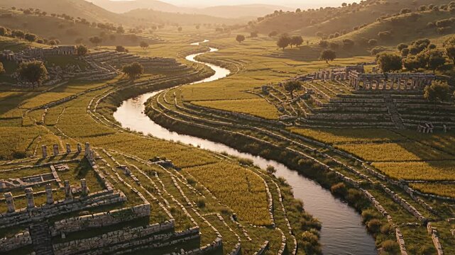 terraced fields along winding river valley at golden hour landscape