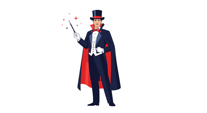 Skilled stage magician wearing a tuxedo and red lined cape performs a magic trick while holding his wand against a clean white background.